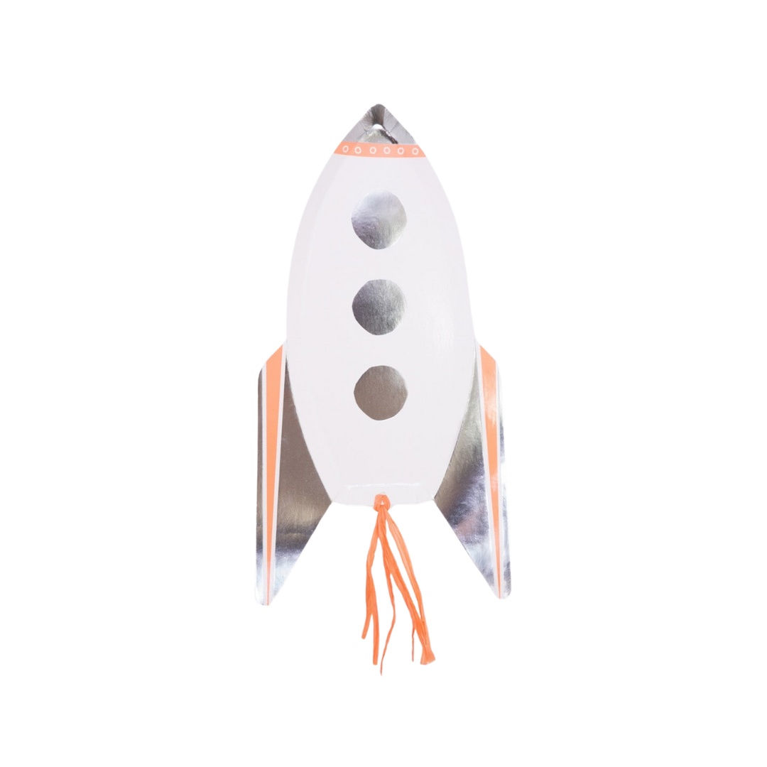 Silver and orange rocket ship shaped plate with cut out windows space theme from Parte Haus party supply store in Bethesda MD.