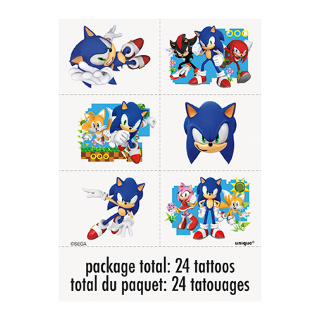 Blue Sonic the Hedgehog temporary tattoos colorful character graphics kids birthday from Parte Haus party supply store in Bethesda MD.