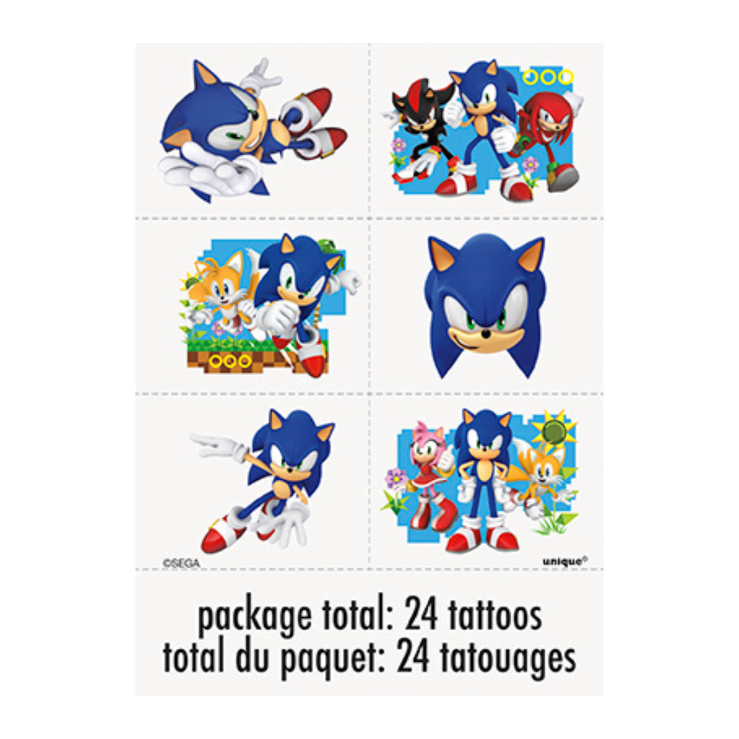Blue Sonic the Hedgehog temporary tattoos colorful character graphics kids birthday from Parte Haus party supply store in Bethesda MD.