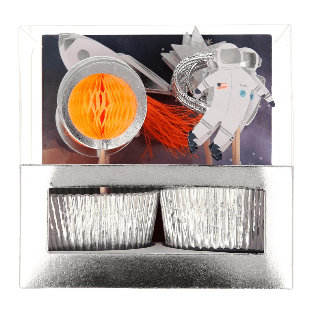 Silver and orange space theme cupcake kit with astronaut toppers for birthday from Parte Haus party supply store in Bethesda MD