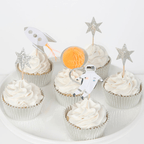 silver and white space themed cupcake toppers with stars rocket and astronaut for birthday from Parte Haus party supply store in Bethesda Maryland