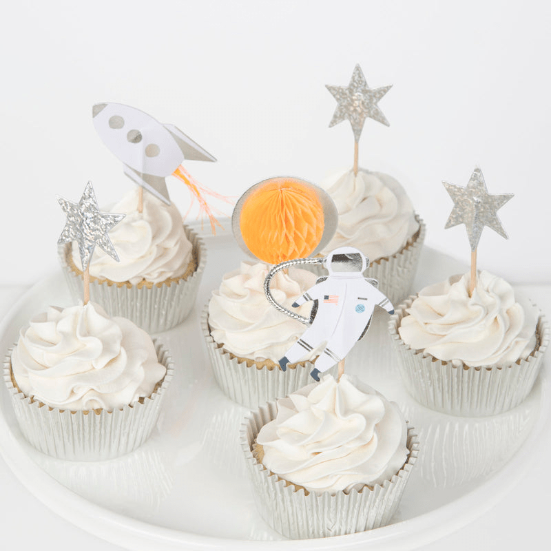 silver and white space themed cupcake toppers with stars rocket and astronaut for birthday from Parte Haus party supply store in Bethesda Maryland