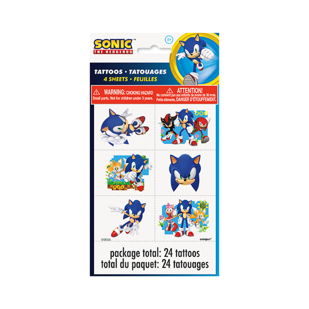 Blue Sonic the Hedgehog temporary tattoos featuring character designs birthday theme from Parte Haus party supply store in Bethesda MD