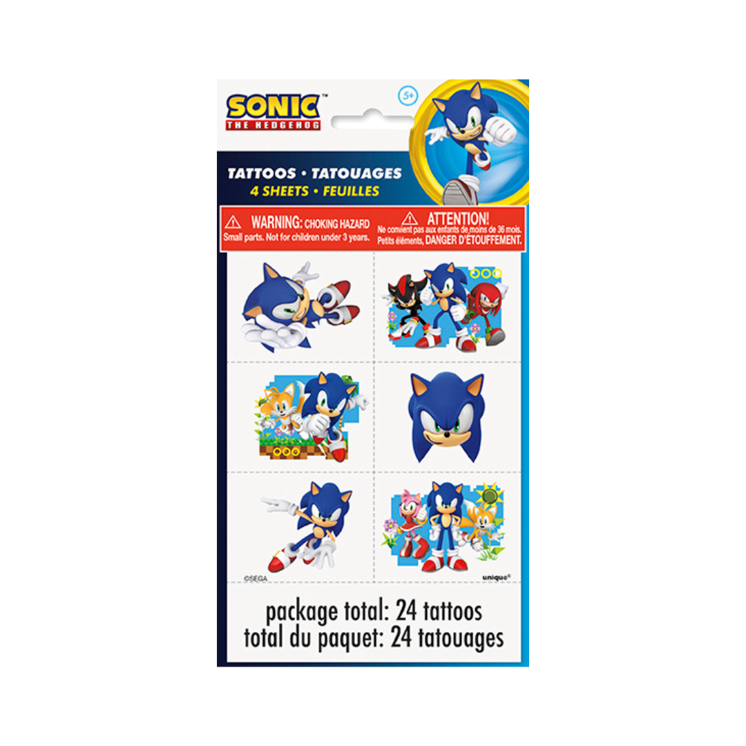 Blue Sonic the Hedgehog temporary tattoos featuring character designs birthday theme from Parte Haus party supply store in Bethesda MD