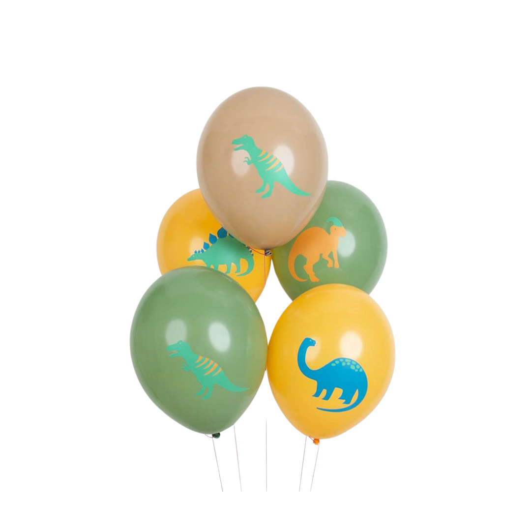 Green yellow and tan dinosaur balloons with cartoon dinosaurs for kids birthday from Parte Haus party supply store in Bethesda Maryland