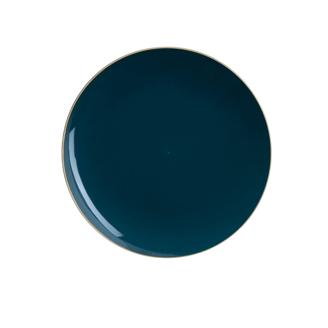 Teal blue round plate solid color modern style from Parte Haus party supply store in Bethesda Maryland