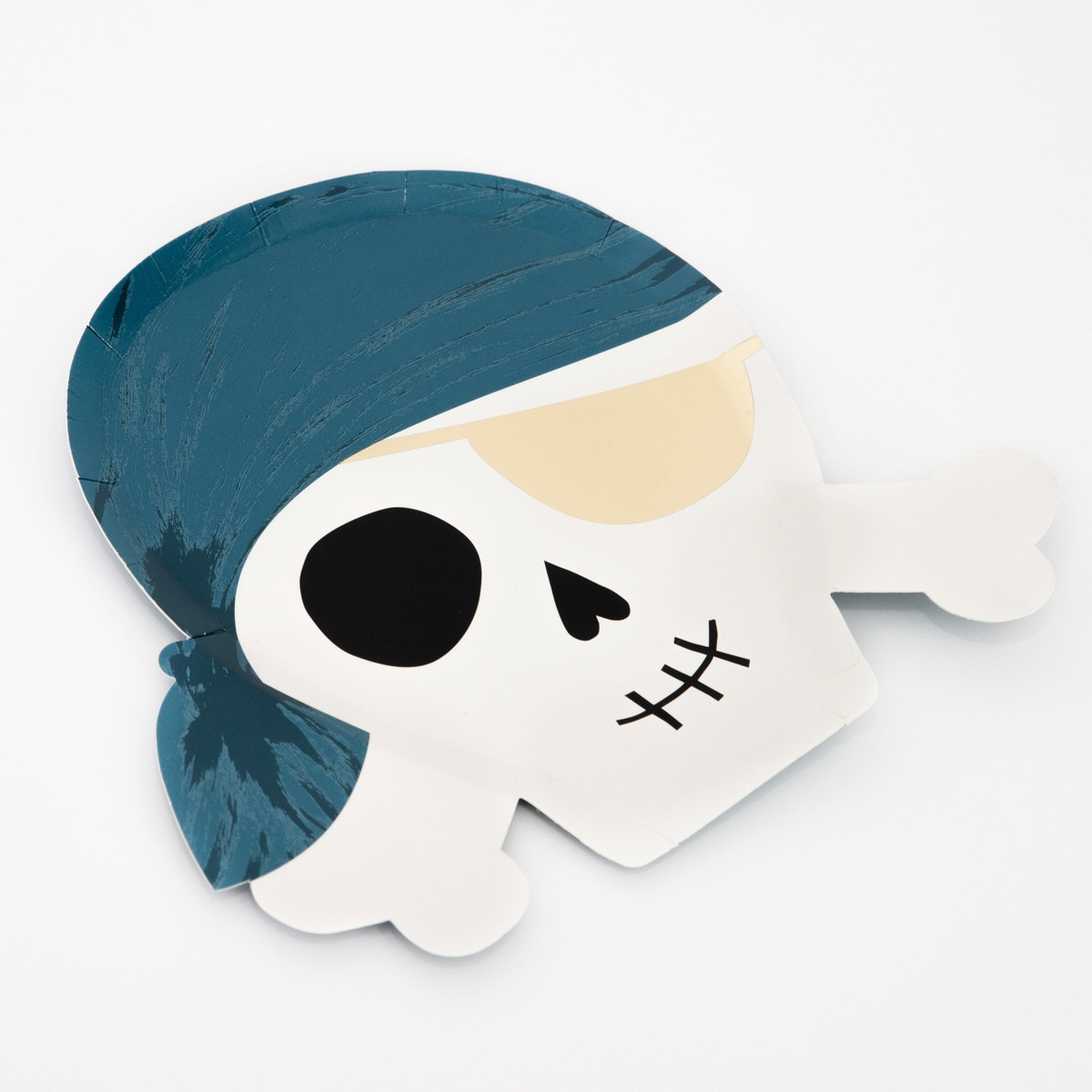 Blue and white pirate skull plate with eye patch birthday decoration from Parte Haus party supply store in Bethesda MD