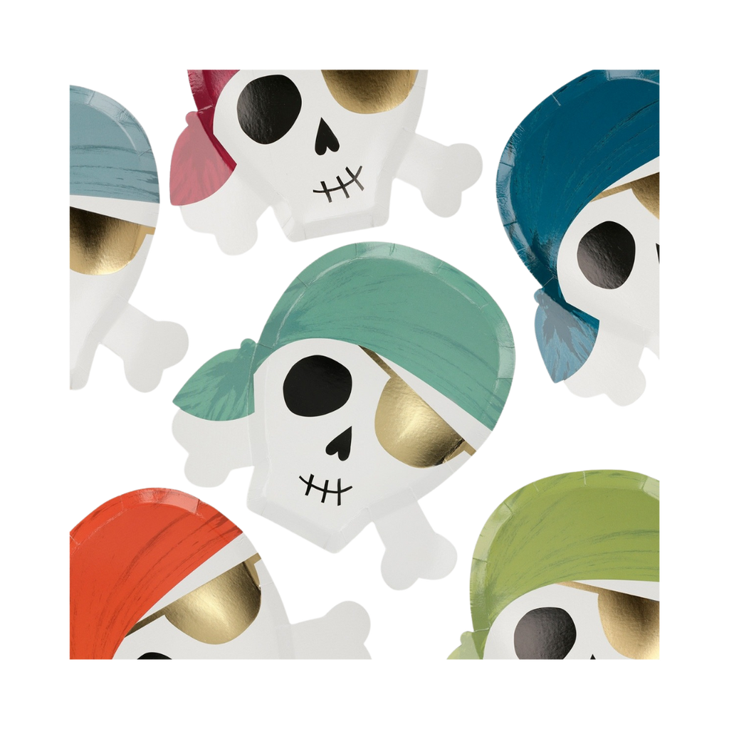 Green blue red and gold skull shaped plates with bandanas pirate theme from Parte Haus party supply store in Bethesda Maryland