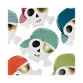 Green blue red and gold skull shaped plates with bandanas pirate theme from Parte Haus party supply store in Bethesda Maryland