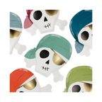 Green blue red and gold skull shaped plates with bandanas pirate theme from Parte Haus party supply store in Bethesda Maryland