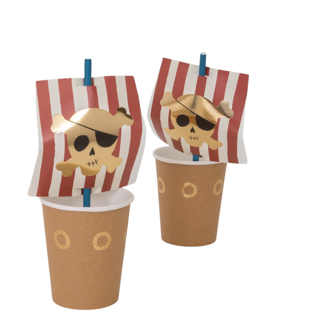 Brown pirate ship paper cups with red striped sails and gold skull design for kids birthday from Parte Haus party supply store in Bethesda MD