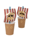 Brown pirate ship paper cups with red striped sails and gold skull design for kids birthday from Parte Haus party supply store in Bethesda MD