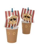 Brown pirate ship paper cups with red striped sails and gold skull design for kids birthday from Parte Haus party supply store in Bethesda MD