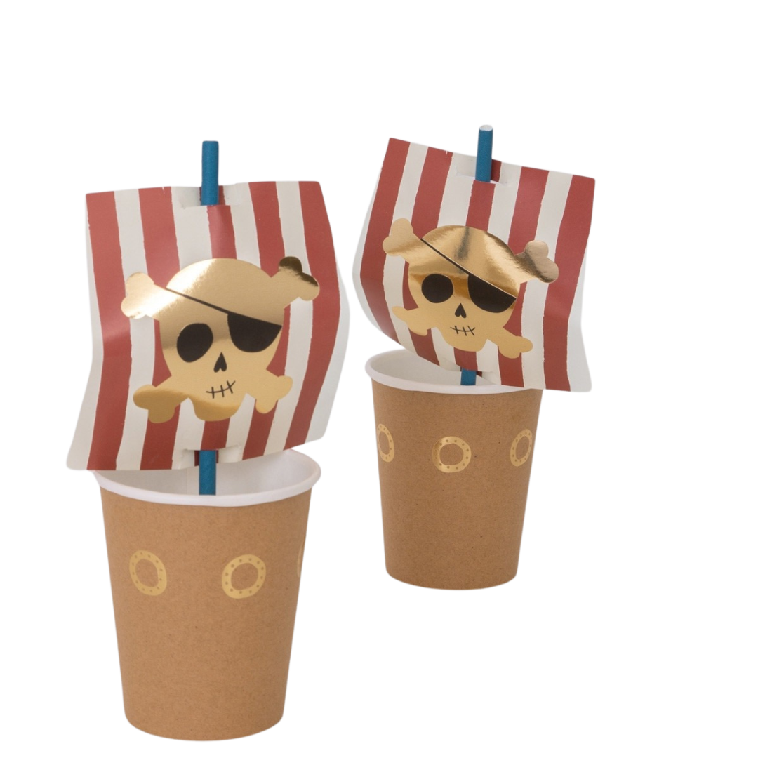 Brown pirate ship paper cups with red striped sails and gold skull design for kids birthday from Parte Haus party supply store in Bethesda MD