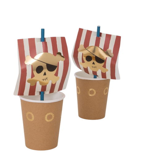 Brown pirate ship paper cups with red striped sails and gold skull design for kids birthday from Parte Haus party supply store in Bethesda MD