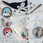 Black and red pirate skull plates and pirate decorations for kids birthday from Parte Haus party supply store in Bethesda Maryland