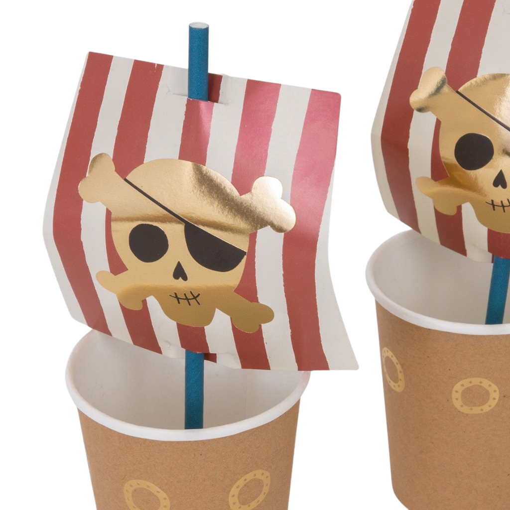 Red and gold pirate ship paper cup with striped sail perfect for pirate party theme from Parte Haus party supply store in Bethesda MD