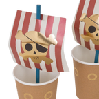 Red and gold pirate ship paper cup with striped sail perfect for pirate party theme from Parte Haus party supply store in Bethesda MD