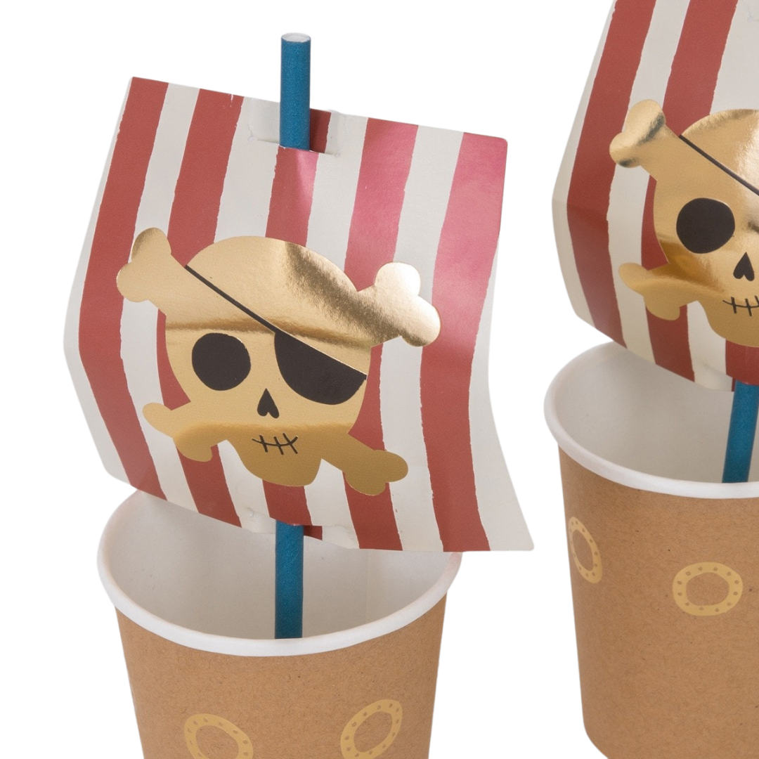 Red and gold pirate ship paper cup with striped sail perfect for pirate party theme from Parte Haus party supply store in Bethesda MD