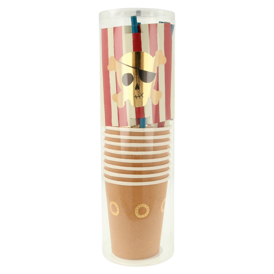 Red striped pirate paper cups with gold skull design for kids birthday from Parte Haus party supply store in Bethesda MD