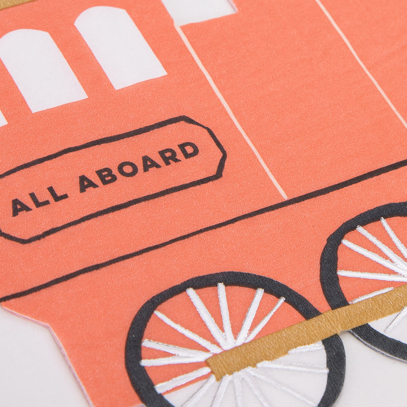 Coral train banner with all aboard text birthday theme from Parte Haus party supply store in Bethesda Maryland