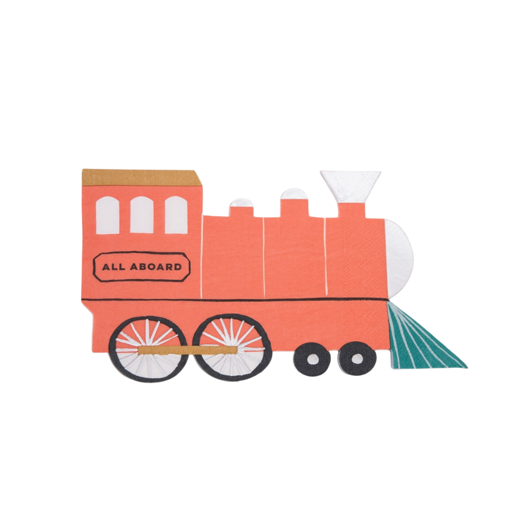 Red train shaped napkin with all aboard text kids birthday theme from Parte Haus party supply store in Bethesda MD