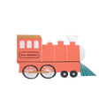 Red train shaped napkin with all aboard text kids birthday theme from Parte Haus party supply store in Bethesda MD