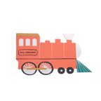 Red train shaped napkin with all aboard text kids birthday theme from Parte Haus party supply store in Bethesda MD