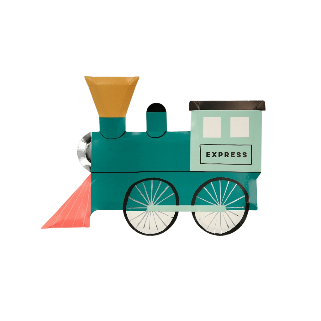 Green train shaped plate with yellow funnel kids birthday from Parte Haus party supply store in Bethesda MD