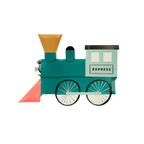 Green train shaped plate with yellow funnel kids birthday from Parte Haus party supply store in Bethesda MD