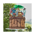 Multi-color pirate cake decoration topper with treasure chest and palm tree for birthday from Parte Haus party supply store in Bethesda MD