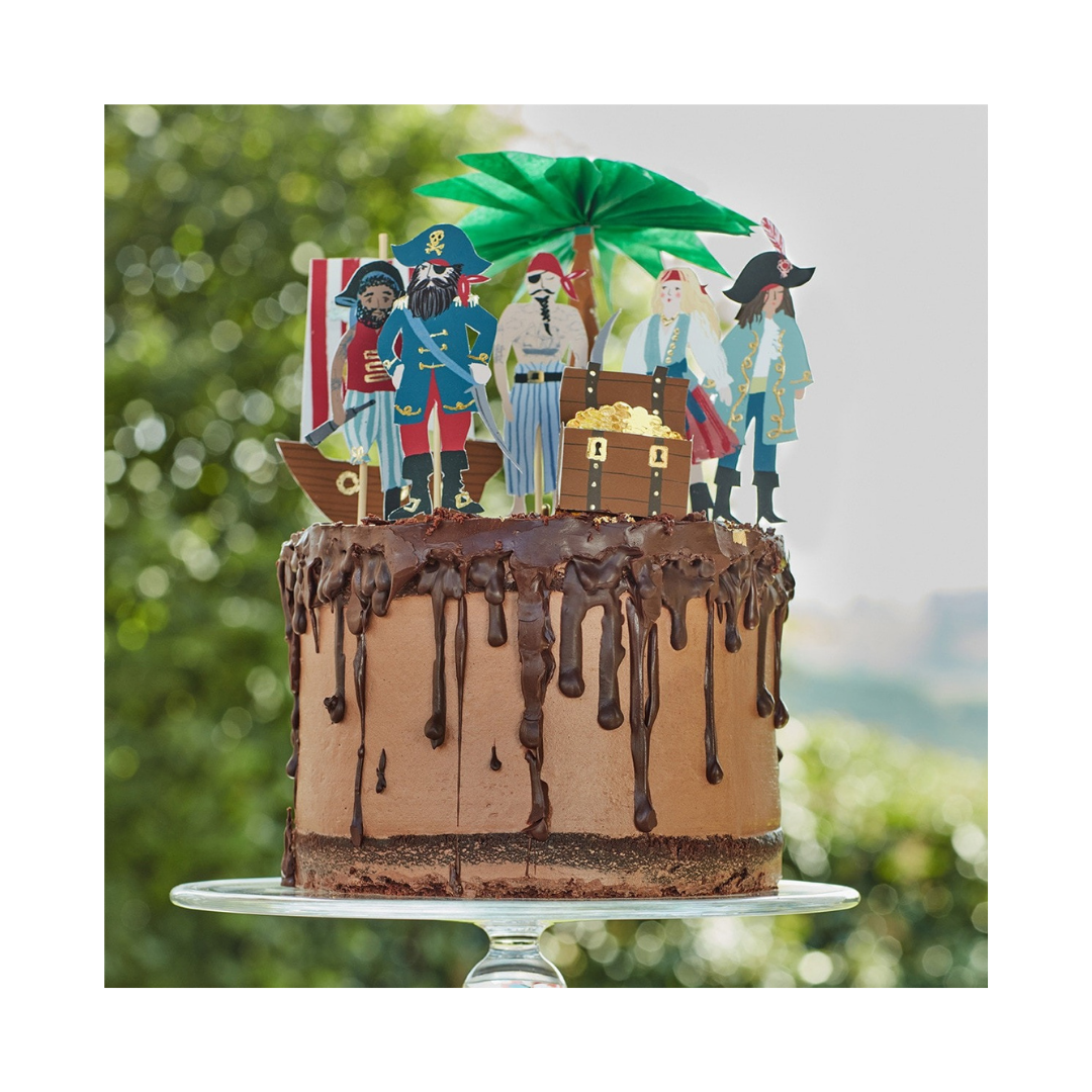 Multi-color pirate cake decoration topper with treasure chest and palm tree for birthday from Parte Haus party supply store in Bethesda MD