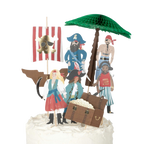 Multicolor pirate cake toppers with treasure chest decorations for birthday from Parte Haus party supply store in Bethesda Maryland