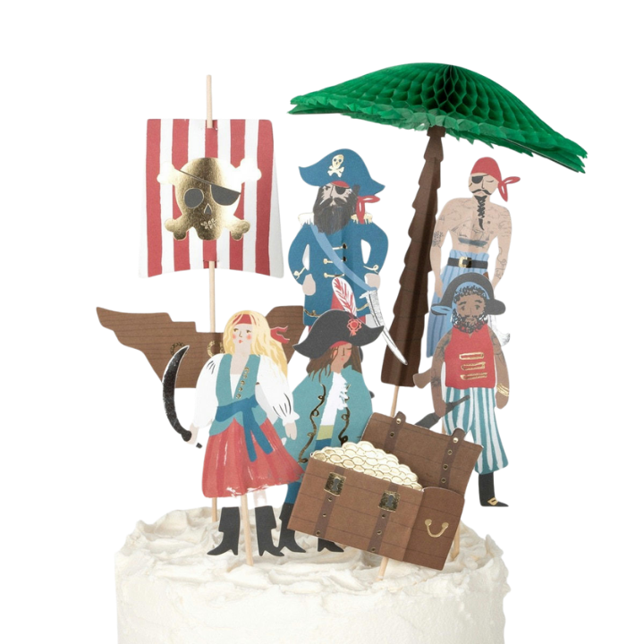 Multicolor pirate cake toppers with treasure chest decorations for birthday from Parte Haus party supply store in Bethesda Maryland
