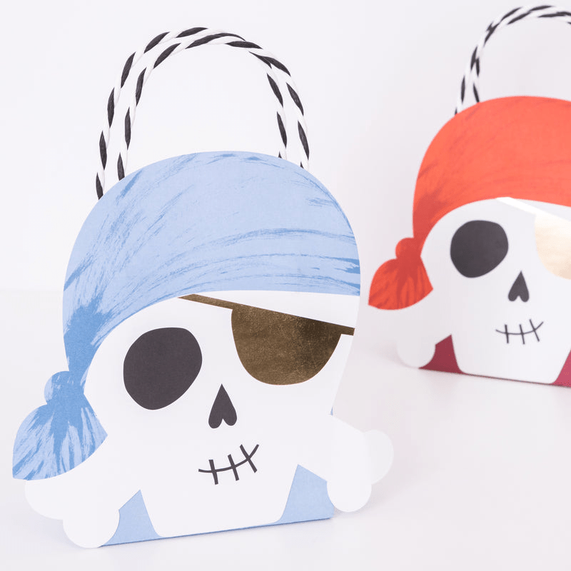 Blue pirate skull treat bag with eye patch for kids birthday from Parte Haus party supply store in Bethesda MD