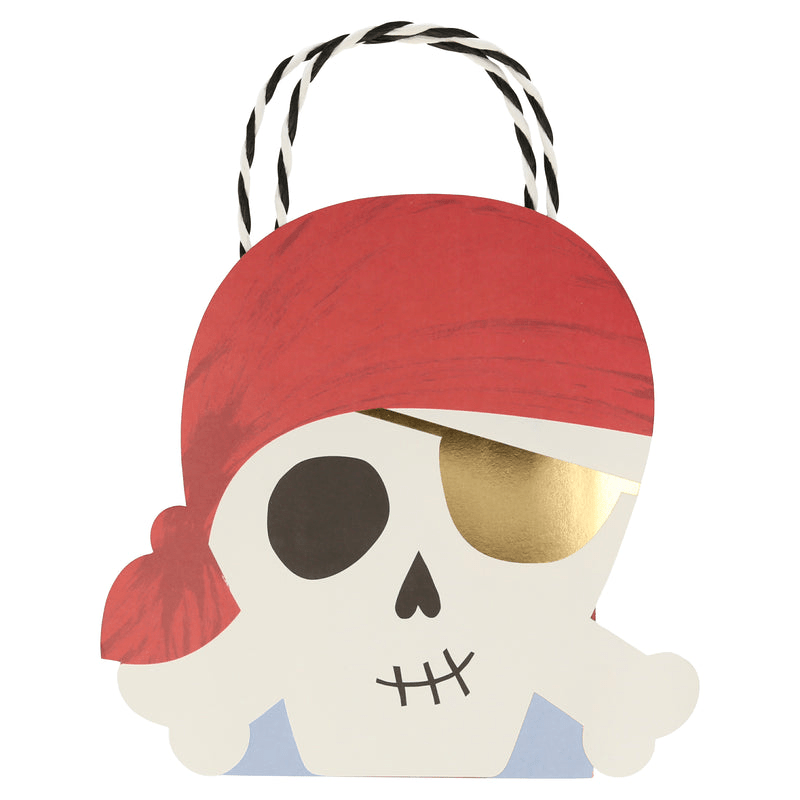 Red and gold pirate skull favor bag for kids birthday from Parte Haus party supply store in Bethesda Maryland