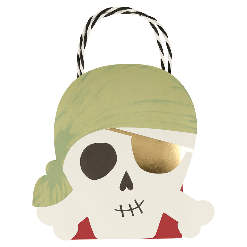 Green pirate skull gift bag with gold eyepatch for kids pirate birthday from Parte Haus party supply store in Bethesda MD
