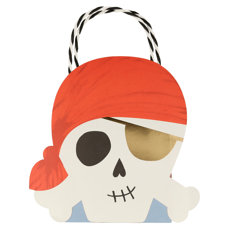 Red and white pirate skull gift bag with handle for kids birthday from Parte Haus party supply store in Bethesda MD