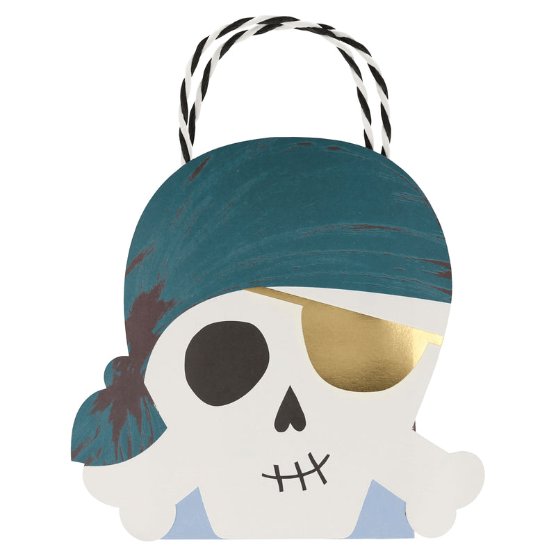 Blue and gold pirate skull treat bag with eyepatch for kids birthday from Parte Haus party supply store in Bethesda MD