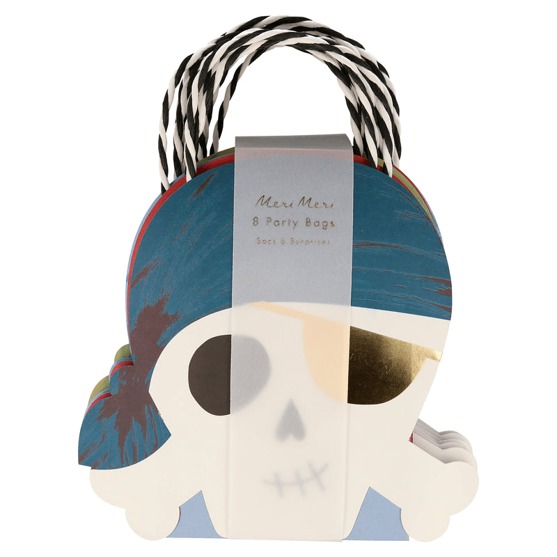 Blue pirate skull gift bags with black and white handles for birthday from Parte Haus party supply store in Bethesda MD