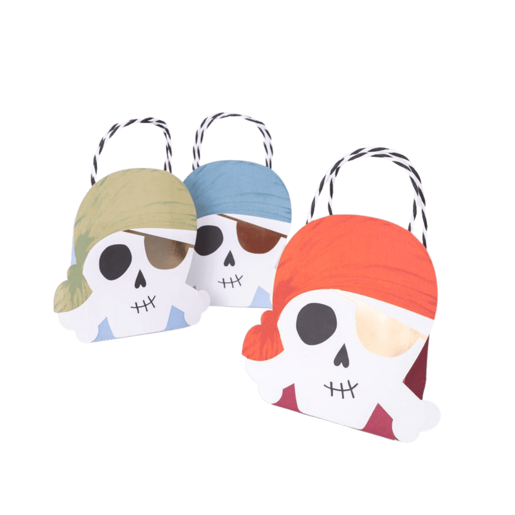 Red blue green pirate skull treat bags kids birthday from Parte Haus party supply store in Bethesda Maryland