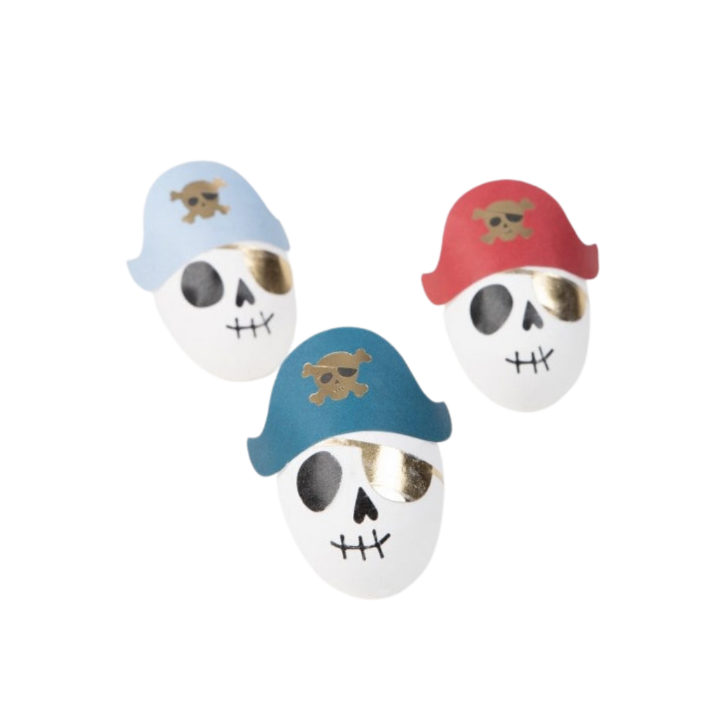 Blue red and teal pirate skull napkins with gold accents for pirate theme from Parte Haus party supply store in Bethesda MD