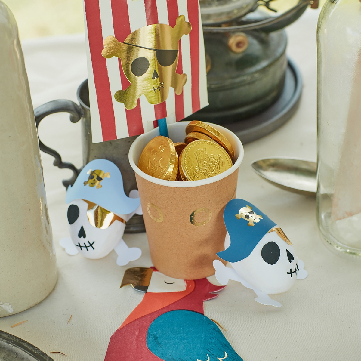 Gold pirate coins and pirate themed party decorations for kids birthday from Parte Haus party supply store in Bethesda Maryland