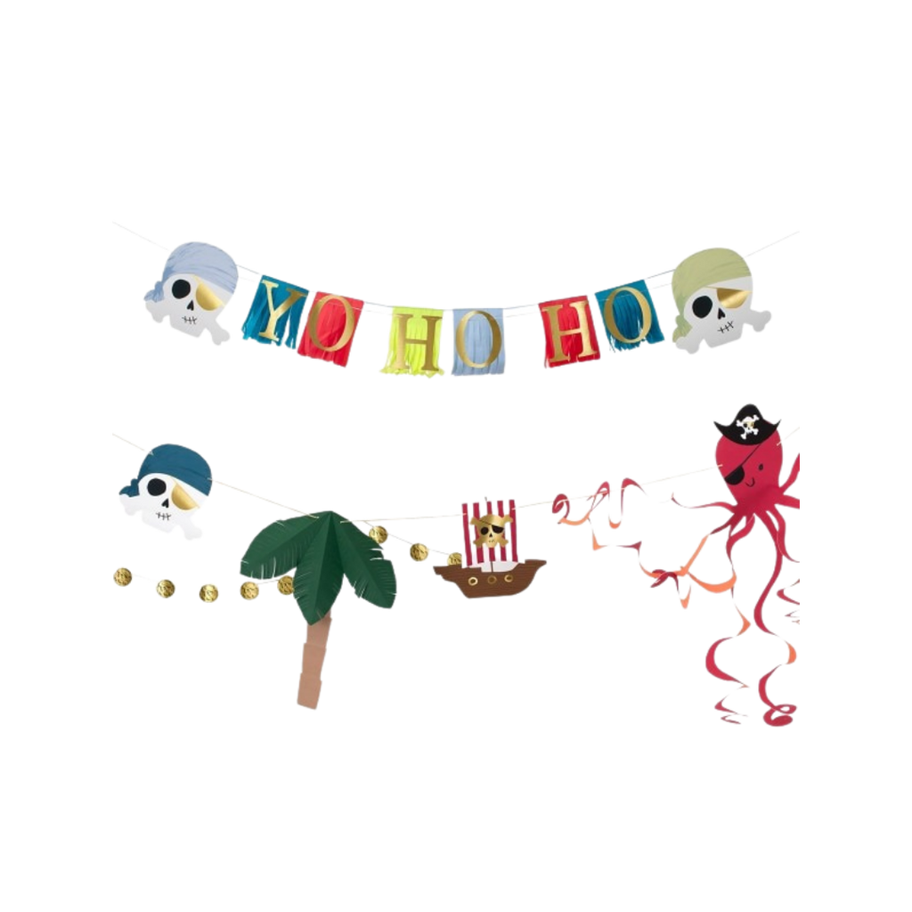 Colorful pirate theme garland banner with skulls palm tree and octopus from Parte Haus party supply store in Bethesda MD