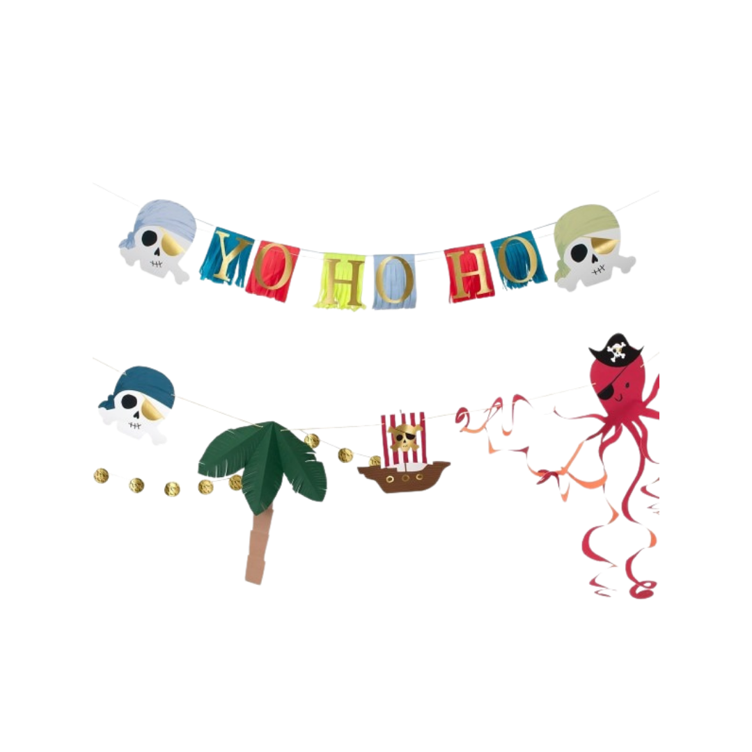 Colorful pirate theme garland banner with skulls palm tree and octopus from Parte Haus party supply store in Bethesda MD