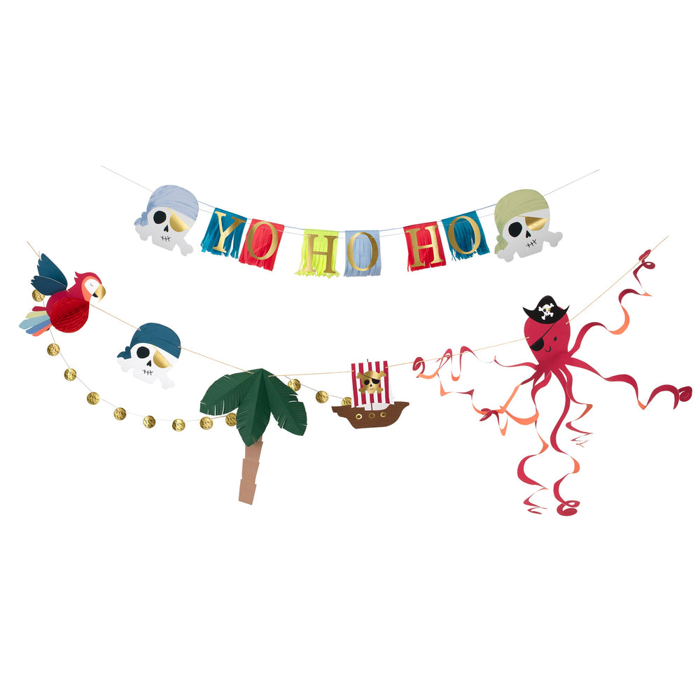 Colorful pirate themed bunting with skulls parrot ship palm tree and octopus from Parte Haus party supply store in Bethesda MD
