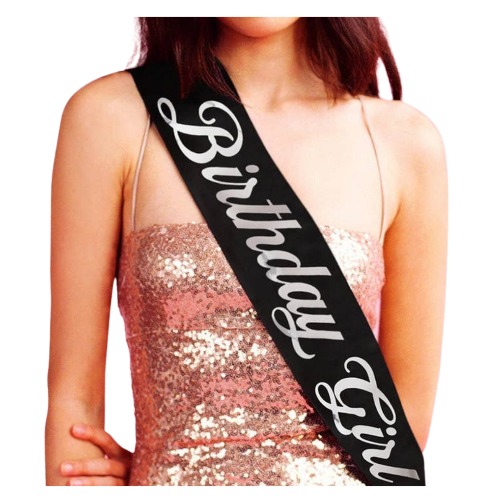 Black Birthday Girl sash with white lettering for birthday celebration from Parte Haus party supply store in Bethesda MD