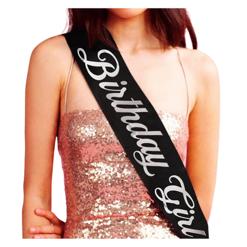 Black Birthday Girl sash with white lettering for birthday celebration from Parte Haus party supply store in Bethesda MD