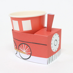 Red train shaped paper cup holder for kids birthday from Parte Haus party supply store in Bethesda MD