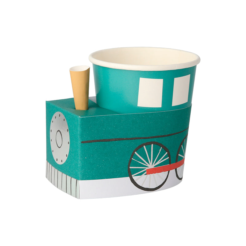 Teal train engine shaped treat cup for kids birthday from Parte Haus party supply store in Bethesda Maryland